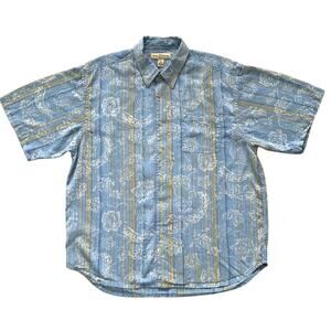 TOMMY BAHAMA Hawaiian Shirt Men XL Blue Floral Stripe Button Up Tencel VGUC